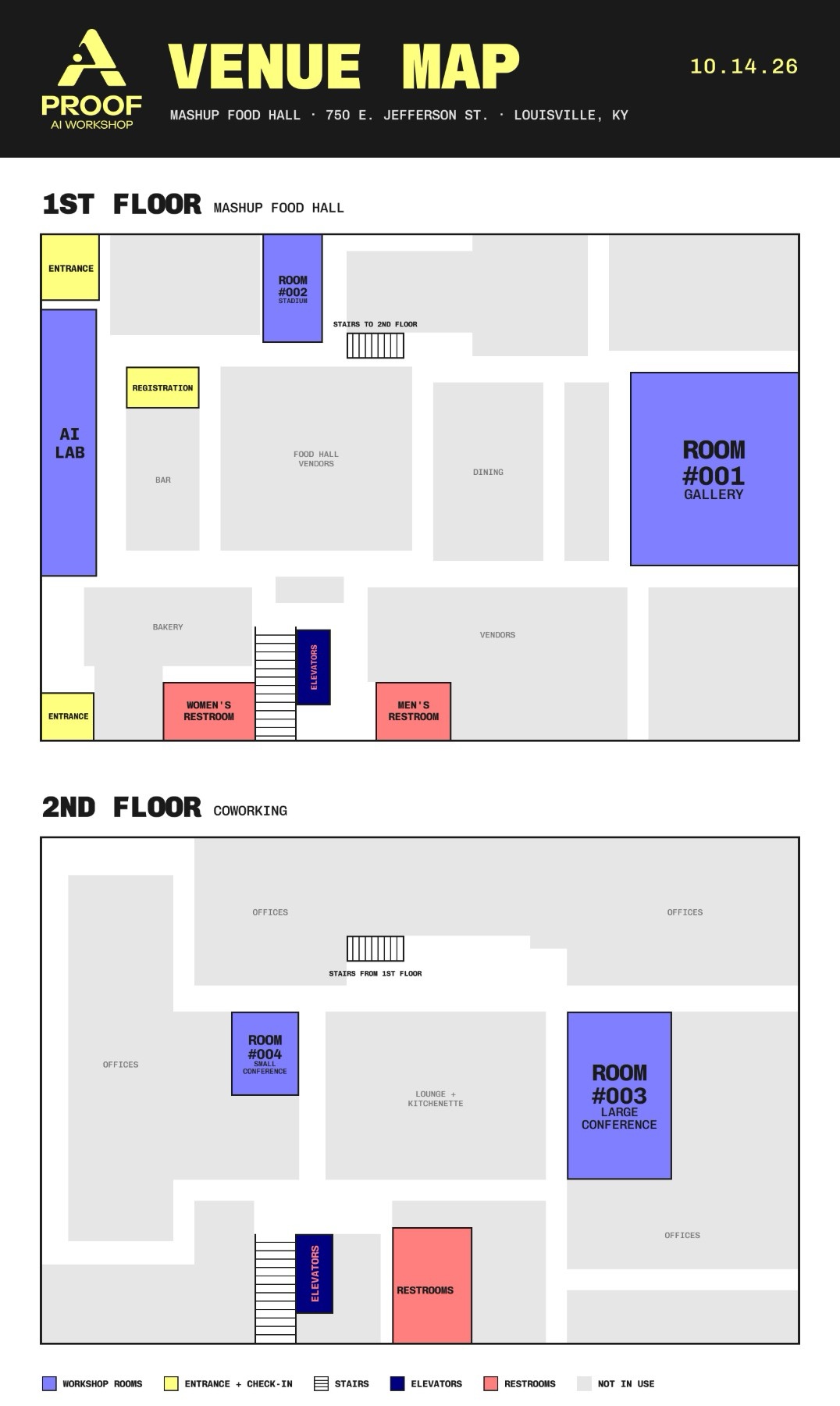 Venue map of Mashup Food Hall. First floor: entrances, registration, the AI Lab along the left wall, Room 002 Stadium near the front, and Room 001 Gallery on the right. Second floor, up the stairs or elevators: Room 004 Small Conference and Room 003 Large Conference. Restrooms are on both floors.